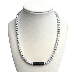 Hand Crafted White Howlite Beaded Necklace Carved Wooden Center Bead 18” NEW